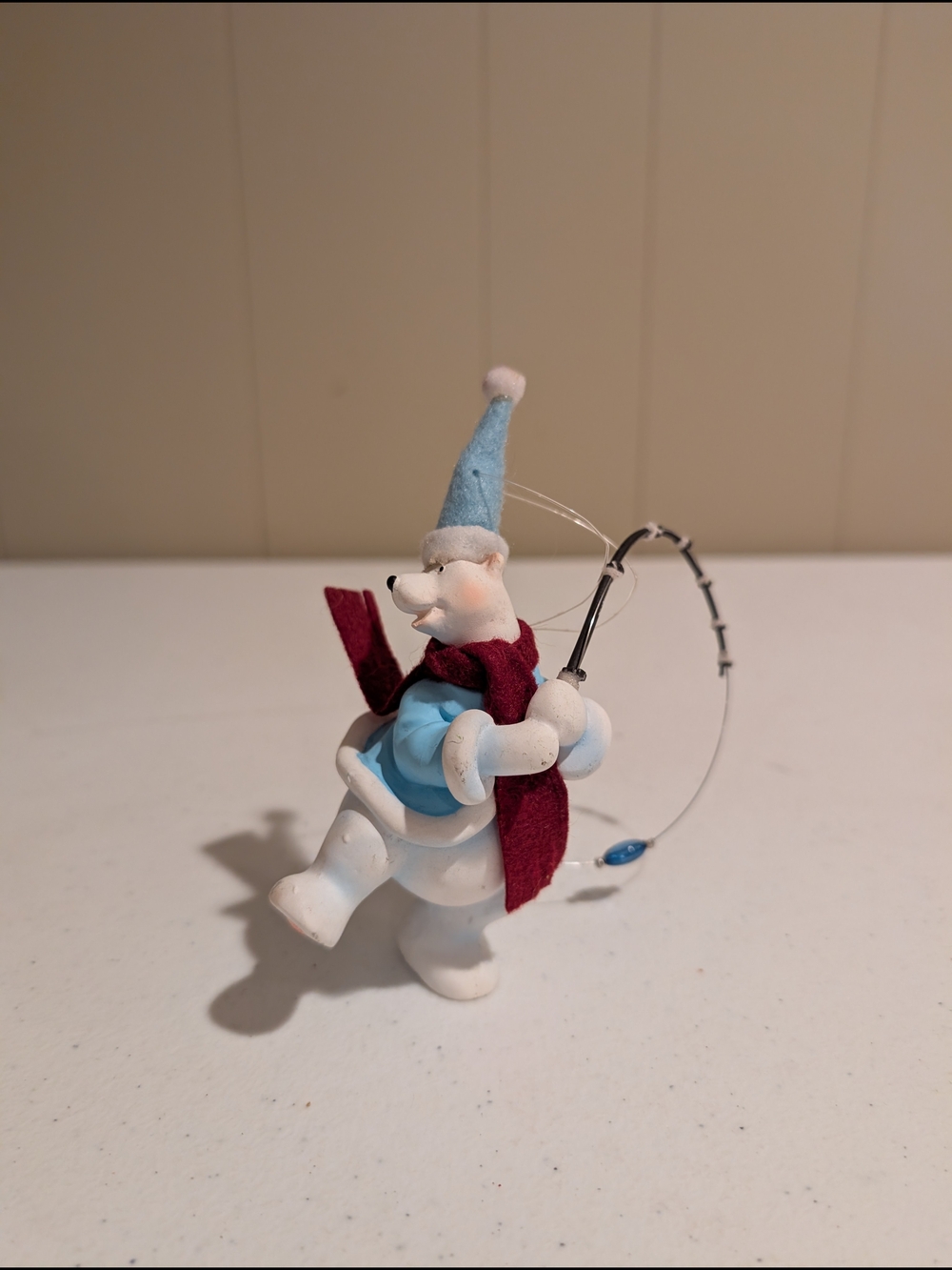 White Polar Bear Ornament with Blue Hat and Maroon Scarf